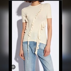 Acne Studios Cream Ribbed Ruffle Top